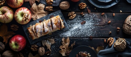 A table covered with a variety of dishes, including apple raisin and walnut strudel, creating a bustling and diverse food spread.