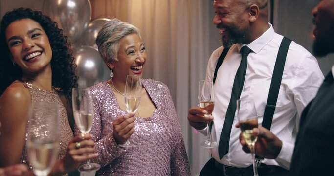 Friends, champagne and talking at new year party, celebration and gala with wish for success. Men, women and diversity with glasses, drink and alcohol for cheers, happy or funny conversation at event