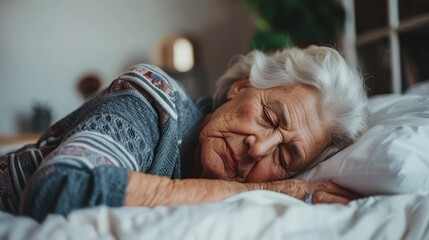 Senior woman sleeping peacefully in white bed at home, with ample copy space for text placement