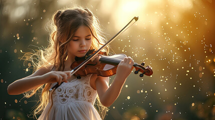 Fototapeta premium young girl playing a violin outdoors in bright golden lighting 