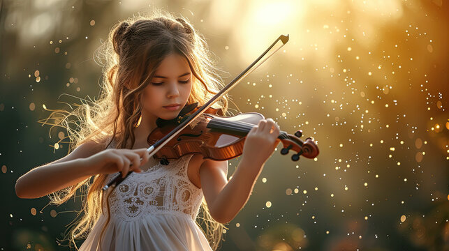 young girl playing a violin outdoors in bright golden lighting - Powered by Adobe