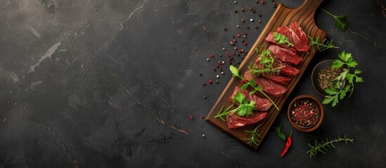 A modern wooden cutting board is topped with dry aged Wagyu flank steak, fresh vegetables, and a sprinkling of herbs and chili powder. The items are neatly arranged, ready to be prepared for a