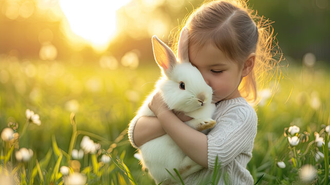 young girl holding a rabbit in a flower field with golden sunlight 