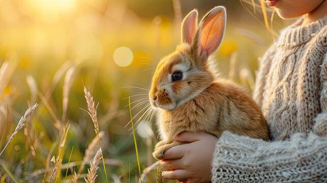 young girl holding a rabbit in a flower field with golden sunlight 