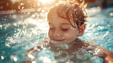 young boy smiling as he swims in a blue pool - obrazy, fototapety, plakaty