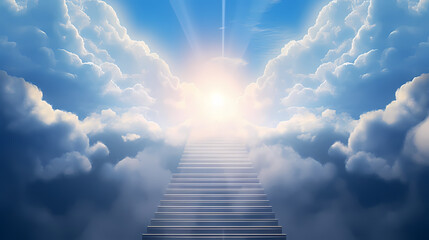 The stairs rise to the endless blue sky, symbolizing the path to success and achievement