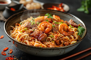Hokkien mee is a Chinese dish served with fish balls and shrimp, pork belly against a dark background, with a pair of chopsticks resting beside the plate, and steam rising off the dish. AI - obrazy, fototapety, plakaty
