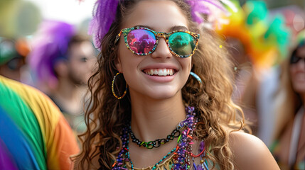 Smiling woman colorfully dressed in costume at Mardi Gras