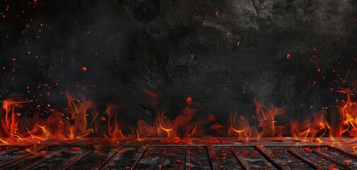 Hot empty portable barbecue BBQ grill with flaming fire and ember charcoal on black background - obrazy, fototapety, plakaty