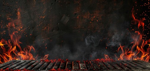 Hot empty portable barbecue BBQ grill with flaming fire and ember charcoal on black background - Powered by Adobe