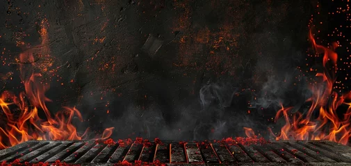 Foto op Aluminium Hot empty portable barbecue BBQ grill with flaming fire and ember charcoal on black background © Vasiliy
