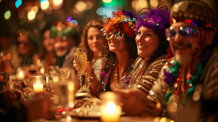 mardi gras festive group of diners enjoying drinks in candlelight 