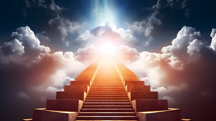 The stairs rise to the endless blue sky, symbolizing the path to success and achievement