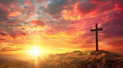 Golgotha  holy cross, symbol of jesus  resurrection, under light and cloud covered sky