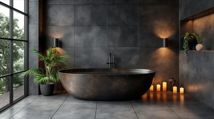 Bathroom Dark black colour. Modern minimalism style bathroom interior in black tones. Luxurious modern dark bathroom. 3d Rendering. Real estate concept. Design concept. Art concept. Decor concept.