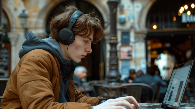 Young man freelancing in a cafe with wireless headphones and laptop, deeply focused on work.