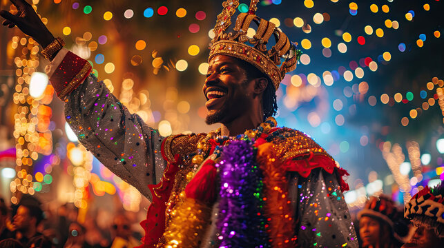 mardi gras king smiling at a crowd while wearing crown and colorful costume 
