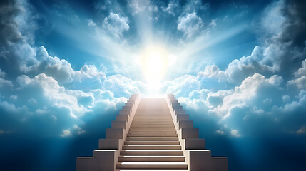 The stairs rise to the endless blue sky, symbolizing the path to success and achievement