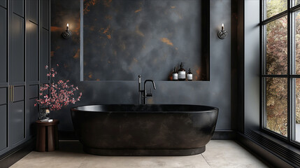 Bathroom Dark black colour. Modern minimalism style bathroom interior in black tones. Luxurious modern dark bathroom. 3d Rendering. Real estate concept. Design concept. Art concept. Decor concept. - obrazy, fototapety, plakaty