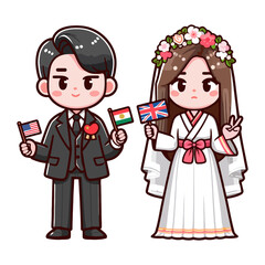 Wedding couple holding flags of their countries. Vector illustration. wedding, couple and relationship concept.