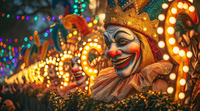 mardi gras carnival float with smiling jester at night 