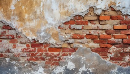 Antique brick wall under damaged plaster. Weathered brickwork texture with cracked concrete 
