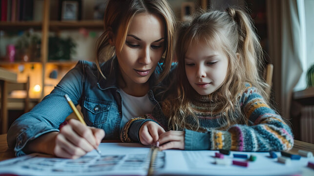 mother helping child with homework at home