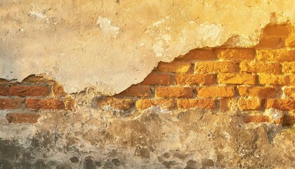 Antique brick wall under damaged plaster. Weathered brickwork texture with cracked concrete 