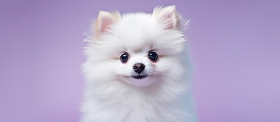 Obraz premium A small Pomeranian spitz puppy with a fluffy white and cream coat is standing on a vibrant purple background. The dog looks alert and curious, with its ears perked up and bright eyes. The contrast