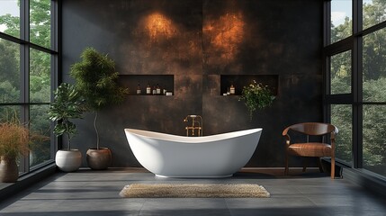 Fototapeta premium Bathroom Dark black colour. Modern minimalism style bathroom interior in black tones. Luxurious modern dark bathroom. 3d Rendering. Real estate concept. Design concept. Art concept. Decor concept.
