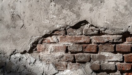 Fototapeta premium Antique brick wall under damaged plaster. Weathered brickwork texture with cracked concrete