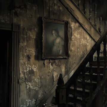 decrepid room with peeling wallpaper with spooky Halloween framed image on wall