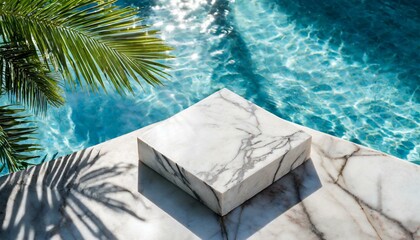 Top view of marble podium stand in swimming pool water with palm shadow. Summer tropical background for luxury product placement.