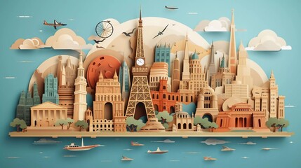 World travel landmarks with world map background, World landmark architectural monuments, Tourism in paper cut style very beautiful panoramic landscape