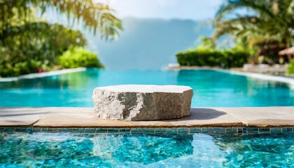 Fototapeta na wymiar Stone podium stand in luxury blue pool water. Summer background of tropical design product placement display. Hotel resort poolside backdrop. 