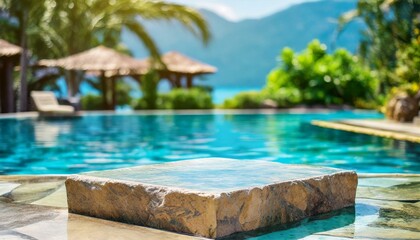 Stone podium stand in luxury blue pool water. Summer background of tropical design product placement display. Hotel resort poolside backdrop.	
