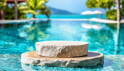 Obraz premium Stone podium stand in luxury blue pool water. Summer background of tropical design product placement display. Hotel resort poolside backdrop. 