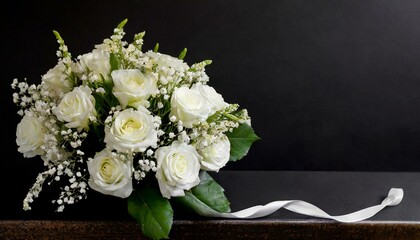 Funeral symbol. A bouquet of white flowers on the side, black background, free space for text.