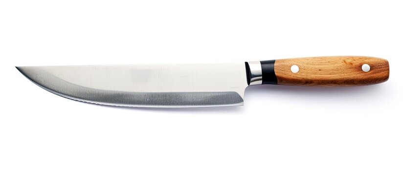 A kitchen knife with a wooden handle resting on a clean white background. The knife is the focal point of the image, showcasing its simple yet functional design.