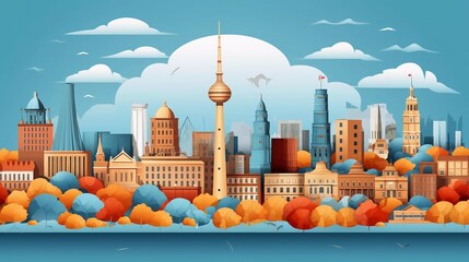 Fototapety   Panoramic view of the city skyline with world famous landmarks in a very vivid paper cut style vector illustration