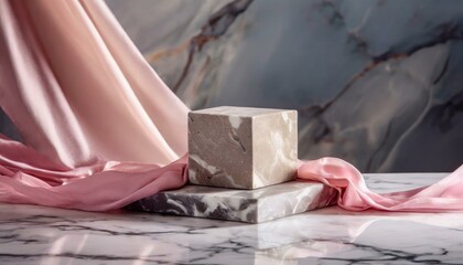Luxury product placement scene background with stone cube podium on marble table and black fabric...