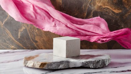 Luxury product placement scene background with stone cube podium on marble table and pink fabric float. Premium beauty and fashion product display mockup.