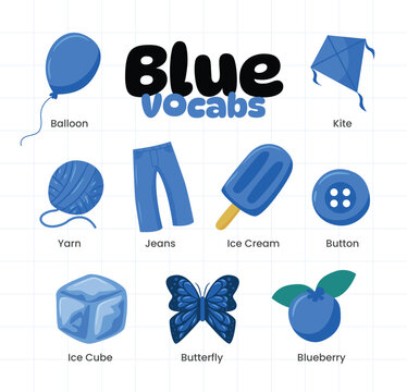 Set of blue color objects vocabulary collection, Learning colors for kids. Worksheet for children, preschool. education of children, flashcards with colors, Primary colors flashcard.