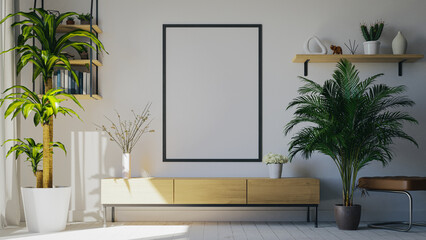 A0 size poster frame mockup in the living room.3D rendering