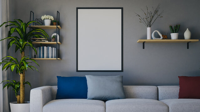 A0 size poster frame mockup in the living room.3D rendering