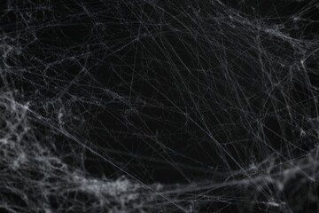 Creepy white cobweb on black background, closeup