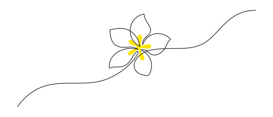 One continuous line drawing of Plumeria flower. Frangipani blossom with petals for floral tattoo in simple linear style. Plant pattern for wedding in Editable stroke. Doodle vector illustration