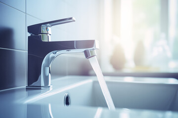 Water flows from tap into bathroom sink, a plumbing fixture. Saving running water. Environment, climate change, saving resources. - obrazy, fototapety, plakaty
