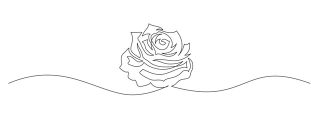 One continuous line drawing of Rose flower. Peony blossom with petals for floral tattoo in simple linear style. Plant pattern for wedding invitation in Editable stroke. Doodle vector illustration