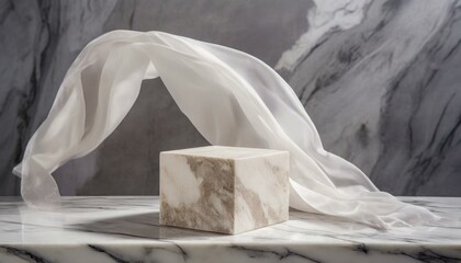 Luxury product placement scene background with stone cube podium on marble table and purple fabric float. Premium beauty and fashion product display mockup.